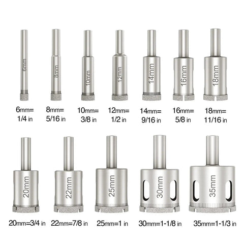 Diamond Drill Bits Hole Saw Kit For Glass And Ceramic Tiles, marble, granite, stone bottles 6mm to 35mm 12 piece set.