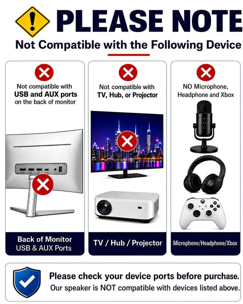 Compatibility notice for USB Powered Desktop Computer Speakers With 14W Total Output, incompatible with certain devices.