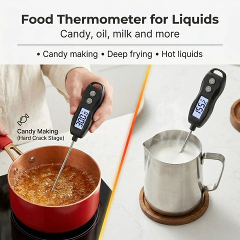 Digital Meat Thermometer With Backlight Instant Read In Seconds Waterproof For Cooking BBQ Grillin Steaks Poultry Turkey Bread Candy Oil Liquid Oven Bake Black used for measuring temperature in liquids and candy making.