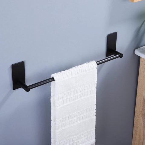 Stick On 16 Inch Towel Bar With Two Adhesive Hooks Black Stainless Steel Bathroom Rack No Drill Easy Install on blue wall