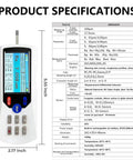 Handheld Digital Profilometer Surface Roughness Tester With 5 Micron Diamond Stylus And Inductive Sensor on table with specifications