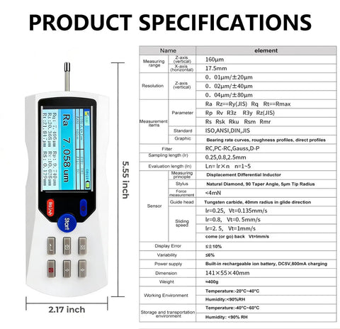Pro Grade Portable Digital Surface Roughness Tester With 13 Parameters And 0.001 Micron Resolution Diamond Sensor 160 Micron Measurement Range Inductive Technology For Industrial And Laboratory Use Fast Accurate Surface Quality Analysis specs sheet, 141x55x40mm
