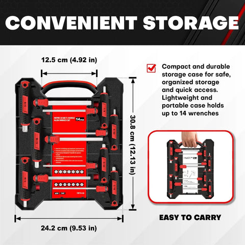 Long Arm T Handle Allen Wrench Set 14 Piece Metric And SAE Hex Keys With Storage Box shown in compact storage case