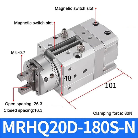 Professional Grade Heavy Duty Rotary Actuator Pneumatic Gripper Angle Finger Cylinder dimensions with labeled features for precise clamping.