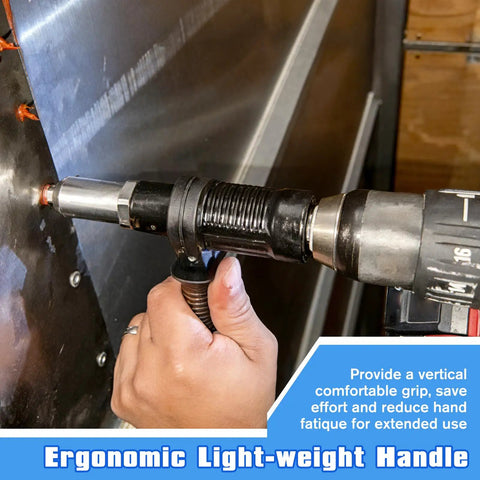 Pro Rivet Gun Adapter Kit For Cordless Drills with ergonomic handle in use on metal surface
