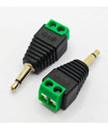 Six Pack Of 3.5 Mm Stereo Audio Jack Adapters Solderless One Eighth Inch Male To Two Pin Female Screw Terminal showing two black and green adapters.