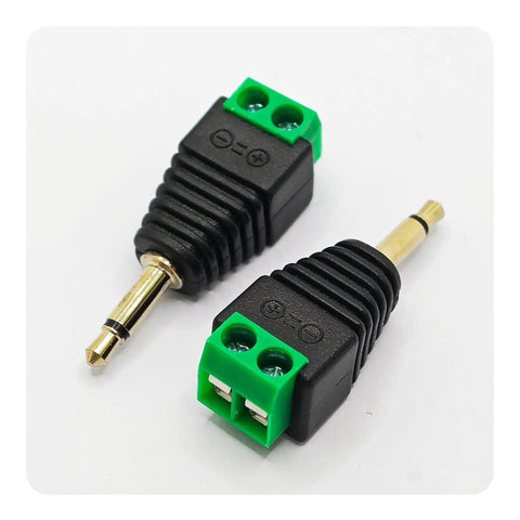 Six Pack Of 3.5 Mm Stereo Audio Jack Adapters Solderless One Eighth Inch Male To Two Pin Female Screw Terminal showing two black and green adapters.