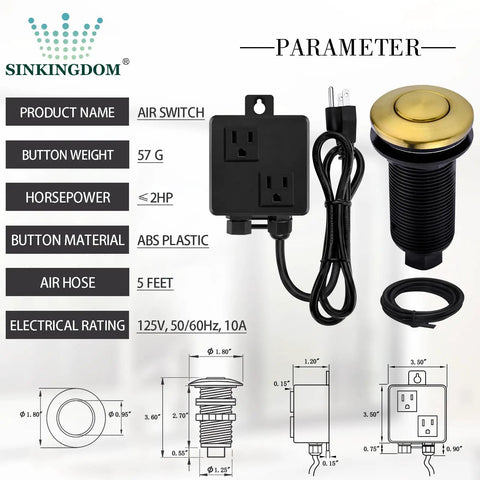 Diagram of Garbage Disposal Air Switch Kit With Long Button Champagne Bronze Brass Cover For Easy Activation Fits Any Food Waste Disposer Or Dishwasher No Fuss Easy Install, showing components and specifications.