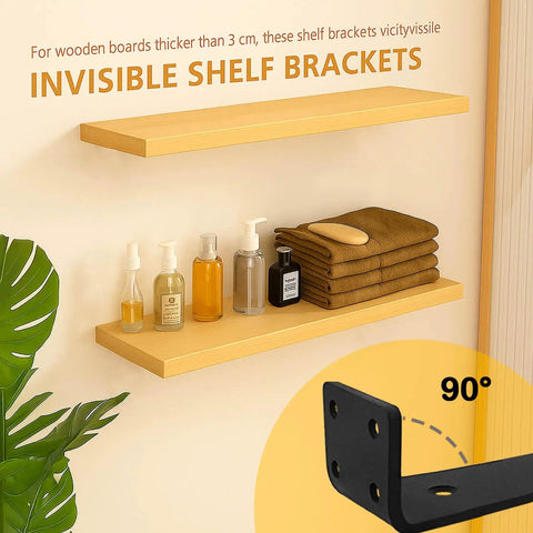 Heavy Duty Floating Shelf Brackets 6 Inch 6 Pack Black Coated Metal Hidden Suspension Wall Mount Support with shelves.