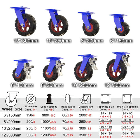 Heavy Duty Rubber Caster Wheels Set Of Four With Locking Brakes For Smooth Rolling And Shock Absorbing Ride On Carts Or Heavy Furniture That Handles The Daily Grind Like A Champ And Rolls Without Skipping A Beat display showing various sizes with iron core and rubber tread.