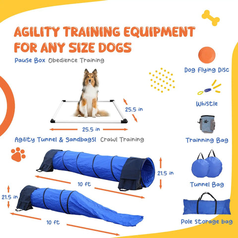 Backyard Dog Agility Kit For Indoor Training, Pro Grade 13 Piece Set with Pause Box and Collapsible Tunnel for Obedience Training