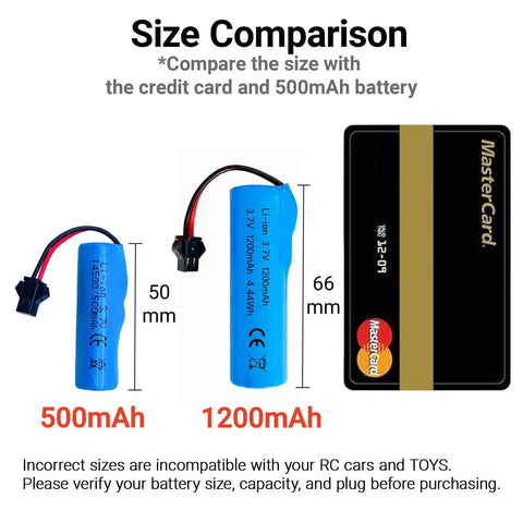 3.7V 1200mAh Li Ion Battery With SM 2P Plug And 4 In 1 USB Charger size comparison with credit card and 500mAh battery