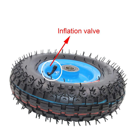 Top Shelf Rubber Inflatable Caster Wheels, Swivel Cart Casters With Brake, heavy duty wheel showing inflation valve for maintenance.