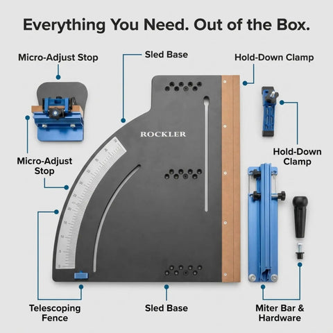Table Saw Crosscut Sled With Telescoping Fence And Micro-Adjust Flip Stop for Beefy 90-Degree And 45-Degree Cuts displayed parts.
