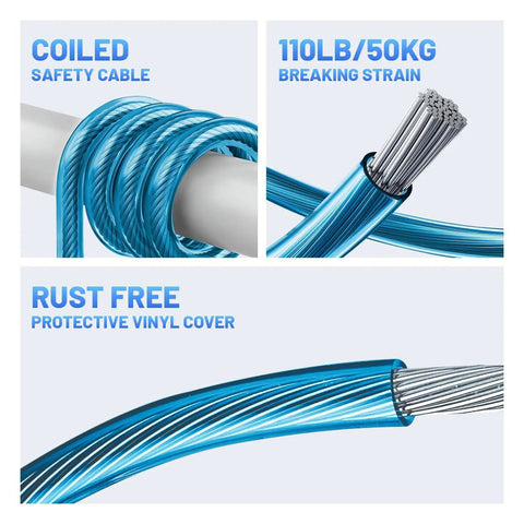 Close-up of coiled safety cable with 110lb/50kg breaking strain and rust-free vinyl cover from Road Ready Trailer Breakaway Switch.