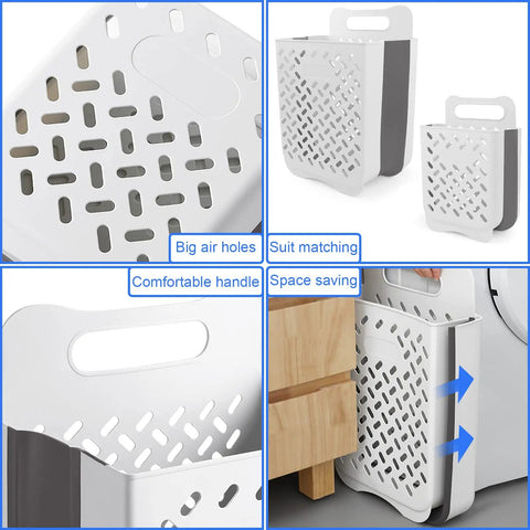 Collage showing Hanging Laundry Basket Hamper with Handle, collapsible and wall mountable, set of 2 XL and M with breathable air holes.