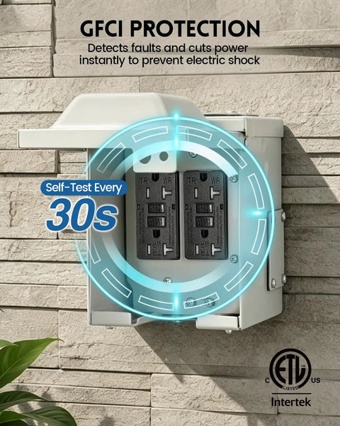 Heavy Duty Rugged Outdoor Outlet Box Knockout Free Setup, Dual GFCI Electrical Enclosure with self-test feature on wall.