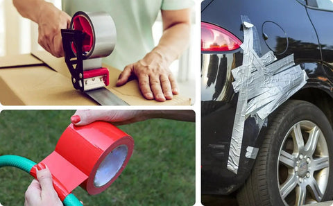 Collage showing uses of duct tape, sealing a box, fixing a car with tape, depicting the utility of Beefy Heavy Duty Duct Tape For Tough Jobs Waterproof And UV Resistant 60 Yard Roll 2 Inch Wide Yellow And Assorted Colors Polyethylene Coated Cloth With Natural Rubber Adhesive Hand Tearable Conforms To Irregular Surfaces
