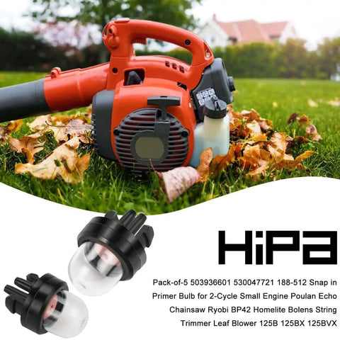 Snap In Primer Bulb Kit For 2 Cycle Small Engines Easy Install Fits Poulan Echo Ryobi BP42 Homelite Bolens Chainsaws Trimmers Blowers 125B 125BX 125BVX 530047721 503936601 5 Pack shown with orange leaf blower.