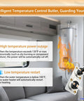 Diagram showing Upgraded 232306 RV Water Heater Thermostat Switch for SW Series, highlighting safety features and installation in a RV.
