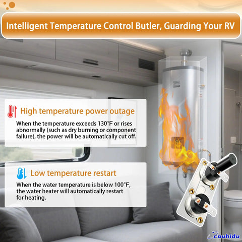 Diagram showing Upgraded 232306 RV Water Heater Thermostat Switch for SW Series, highlighting safety features and installation in a RV.