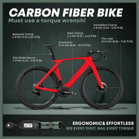 Quarter Inch Digital Torque Wrench 1.1 to 22.2 Foot Pounds Range With Digital Display Buzzer And Led Flash Track Mode 1/4 Drive Set shown with a carbon fiber bike.