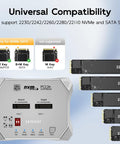 Image showing Dead Simple Dual Bay M.2 Nvme Sata Raid Enclosure Clone Dock with SSD compatibility info for various sizes.