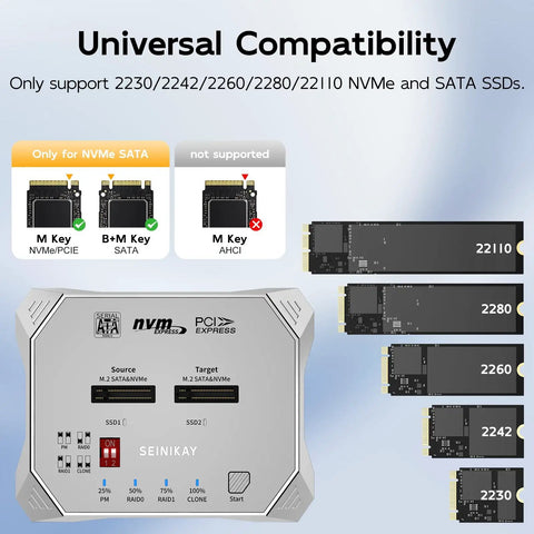 Image showing Dead Simple Dual Bay M.2 Nvme Sata Raid Enclosure Clone Dock with SSD compatibility info for various sizes.