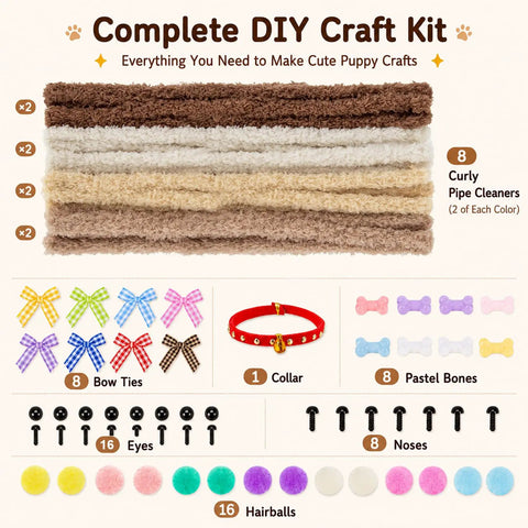 Extra Long Fluffy Chenille Pipe Cleaners Craft Kit 57-Piece Set With Colors, Noses, Eyes, Pom Poms, Collars, Bows And Decor Accessories For Totally Kid Friendly DIY Puppy And Animal Art Projects.