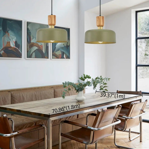 Dope Green Contemporary Pendant Light With Wood And Brass Accents Adjustable Hanging Lamp For Kitchen And Dining Room 12 Inch Shade E26 Socket 60W Max Bulbs Modern Metal And Wood Fixture over dining table