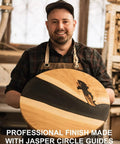 Person holding a finished round wooden tabletop crafted using Circle Cutter Router Jig For Precise Circle Cutting From 7 To 52.75 Inches Includes Centering Disc And Pivot Pins Circle Guide Kit Fits Most Popular Routers With 184 Size Options For Fast, Accurate Round Cuts.