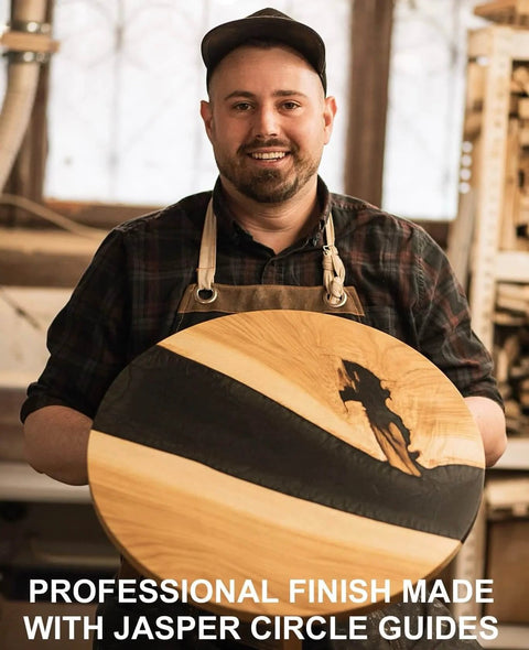 Person holding a finished round wooden tabletop crafted using Circle Cutter Router Jig For Precise Circle Cutting From 7 To 52.75 Inches Includes Centering Disc And Pivot Pins Circle Guide Kit Fits Most Popular Routers With 184 Size Options For Fast, Accurate Round Cuts.