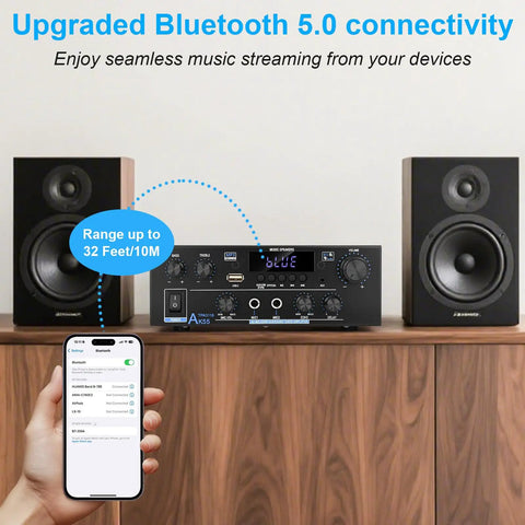 Two Channel 500W Bluetooth 5.0 Stereo Audio Amplifier for Home Theater with speakers and smartphone on wooden shelf