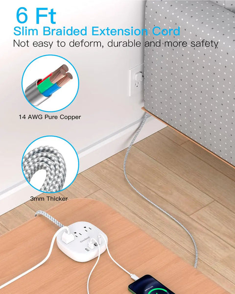 Ultra Flat 6 Foot Power Strip With 3 Outlets 4 USB Ports 2 USB C Desktop Charging Station for Dorm Room Cruise Ship and Travel plugged in.