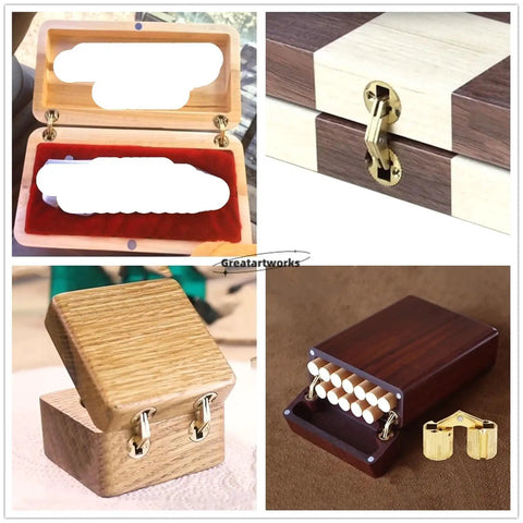 Concealed Brass Hidden Barrel Hinges Set For Cabinets And Small Chests shown in various wooden boxes, illustrating 9-18mm fitting.