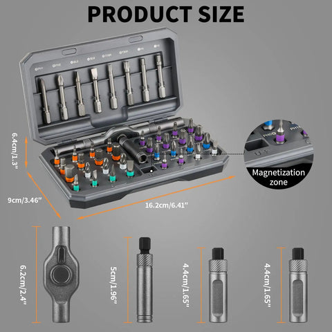 Open All In One Magnetic Ratchet Screwdriver Set With Detachable T Handle 42 In 1 Multi Bit Kit showcasing size and magnetization.