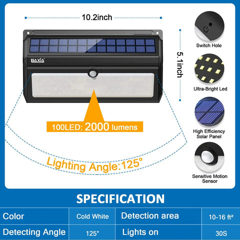 Diagram showing dimensions and features of Outdoor Solar Motion Sensor Lights 100 LED Waterproof Security Wall Lights for garden use.
