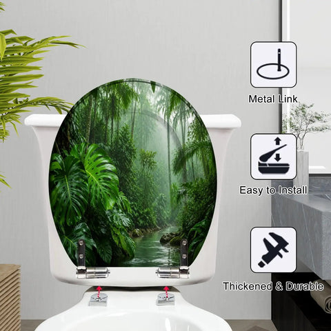 Round Tropical Rainforest Stream Dense Green Jungle Misty Toilet Seat with sturdy resin, soft-close hinge, and metal link fittings.