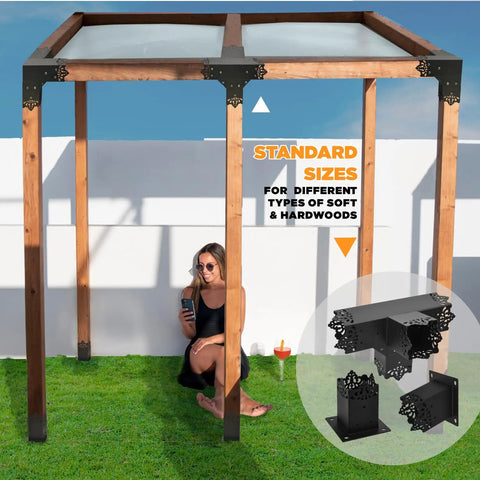 Beefy Heavy Duty Pergola Bracket Kit With 15 Degree Slanted Roof Wall Mount, Weatherproof Metal Extension Bracket For 4x4 Posts Raised Wood Shelving Support Inner 3.5x3.5 Inches Easy Mount