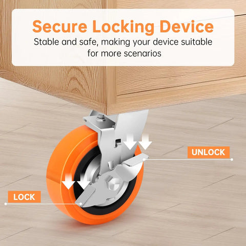 Close-up of orange six inch industrial caster with dual ball bearings and brakes under cabinet showing lock/unlock feature.