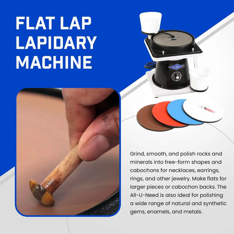 AllUNeed 8 Inch Lapidary Polisher And Cabbing Machine with polishing discs and hand using stone grinder tool