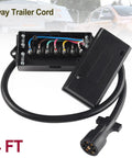Kick Your Towing Game Up With This Heavy Duty 7 Pin Round Trailer Wiring Harness That Boasts A Four Foot Waterproof Cord And Rugged Inline Junction Box For Smooth RV Travel, showing the 7-way connector and junction box.
