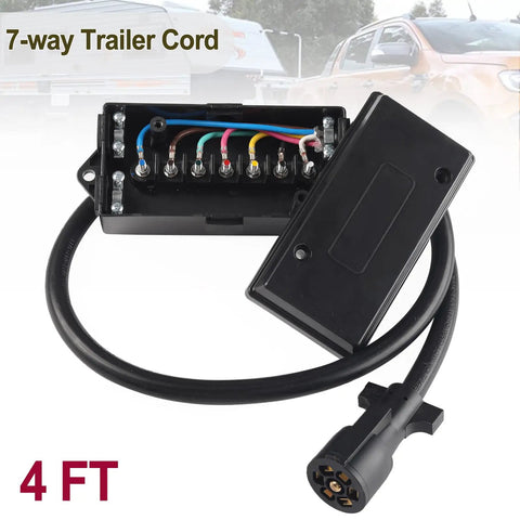 Kick Your Towing Game Up With This Heavy Duty 7 Pin Round Trailer Wiring Harness That Boasts A Four Foot Waterproof Cord And Rugged Inline Junction Box For Smooth RV Travel, showing the 7-way connector and junction box.