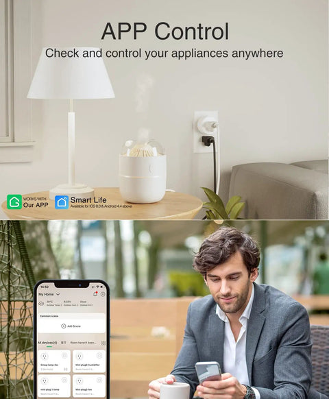 Smart Plug With Voice Control That Works With Alexa And Google Home, WiFi Outlet Socket, shown with mobile app control.