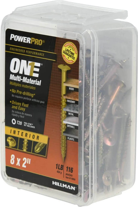 Pro Grade Multi Material Screws With A Durable Yellow Zinc Coat and slick wafer head design in a clear box, ideal for cabinet builds.