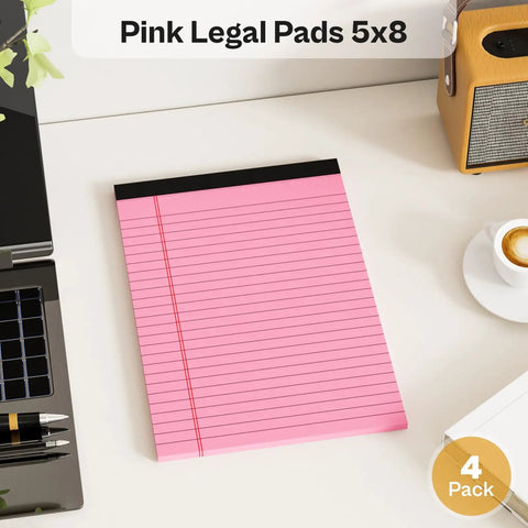 4 Pack Pink 5x8 Inch Small College Ruled Legal Pads With 30 Sheets Each Micro Perforated Lined Notepads in office setting