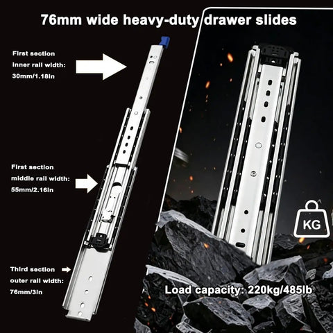 Tough As Nails Heavy Duty Drawer Slides With Lock For Pickup Trucks Side Mount 3 Fold Design 485 Lb Load Rating Built For Tool Boxes Truck Bed Storage RV Compartments And Industrial Cabinets, 76mm steel
