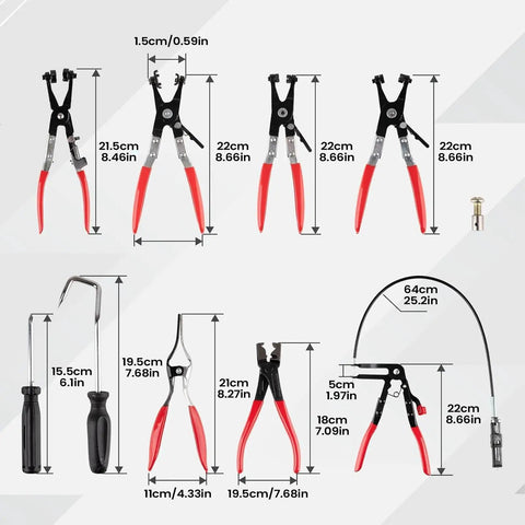 Rock Solid 9 Piece Hose Clamp Pliers Set With Flexible Shaft For Fast Repair And Damage Free Removal On Spring And Worm Gear Clamps Without Slipping In Tight Spots, 9-piece metal tools with red handles