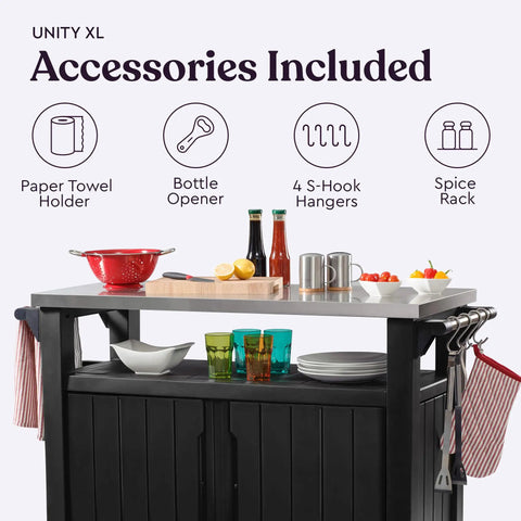 Unity XL Portable Outdoor Table With Stainless Steel Top For Kitchen Prep, showing accessories like towel holder, and spice rack