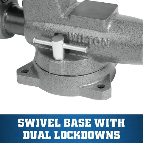 Heavy Duty Pipe And Bench Vise Four And One Half Inch Jaw Width With Six Inch Maximum Opening And Four And Three Fourths Inch Throat Cast Iron Construction Sealed For Longevity And Smooth Operation With Precision Front Jaw Slide swivel base and dual lock downs